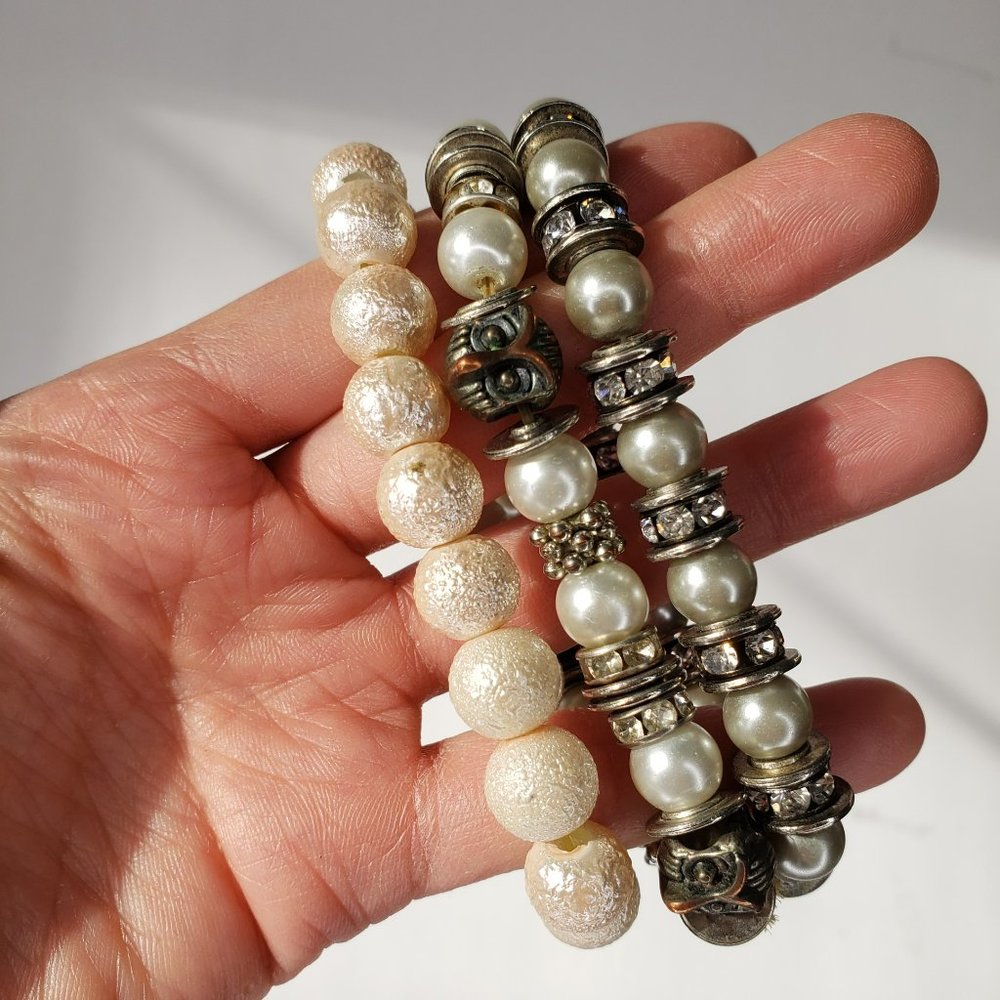 3 Vintage Pearl, Beaded and Rhinestone Crystal Bracelets